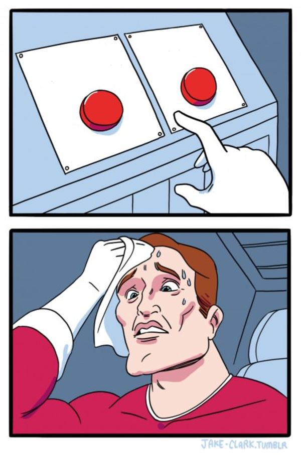 Two Buttons meme about Grüns