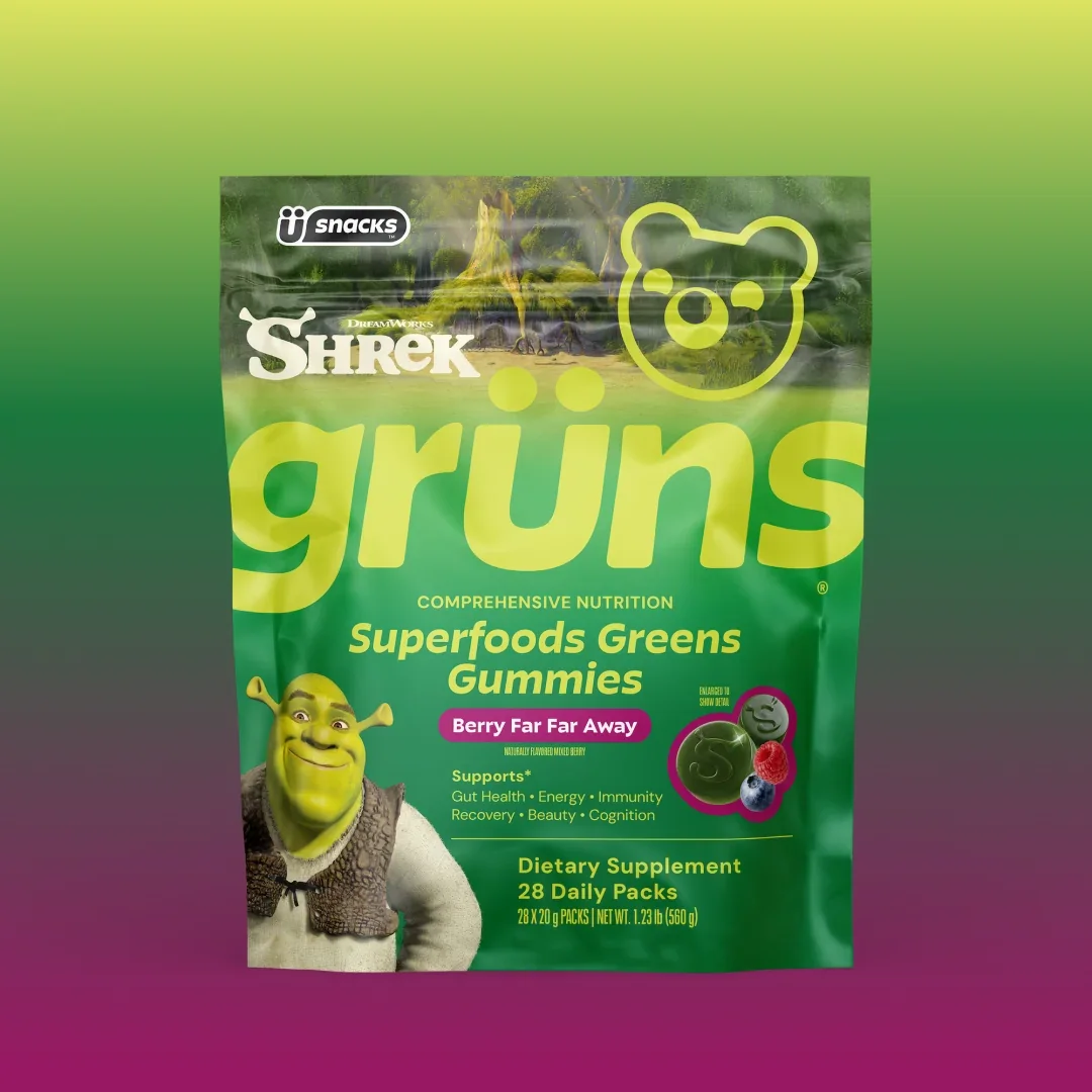 Shrek Grüns Berry Far Far Away adults pouch on a green-to-purple background