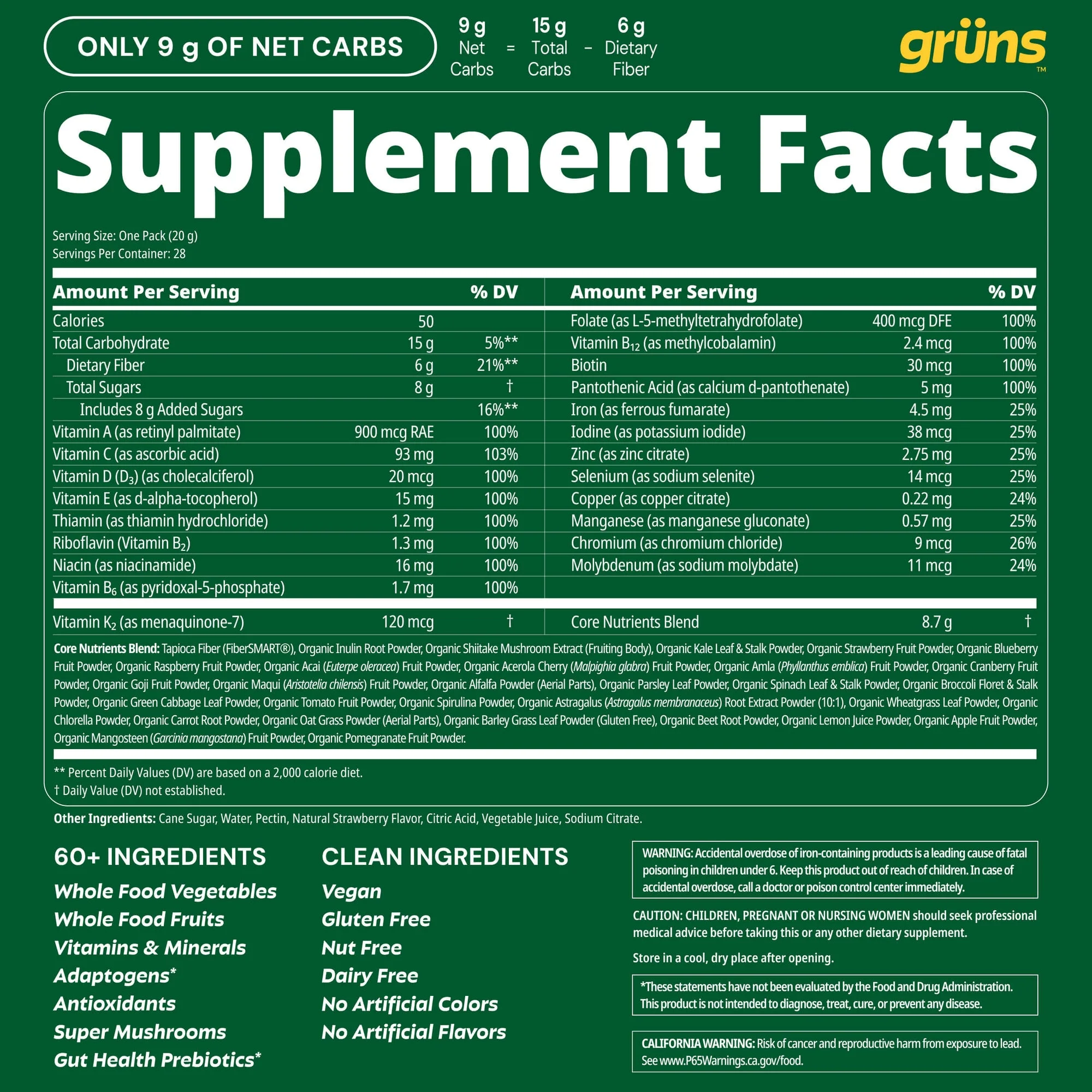 Grüns Supplement Facts panel for the adult pouch