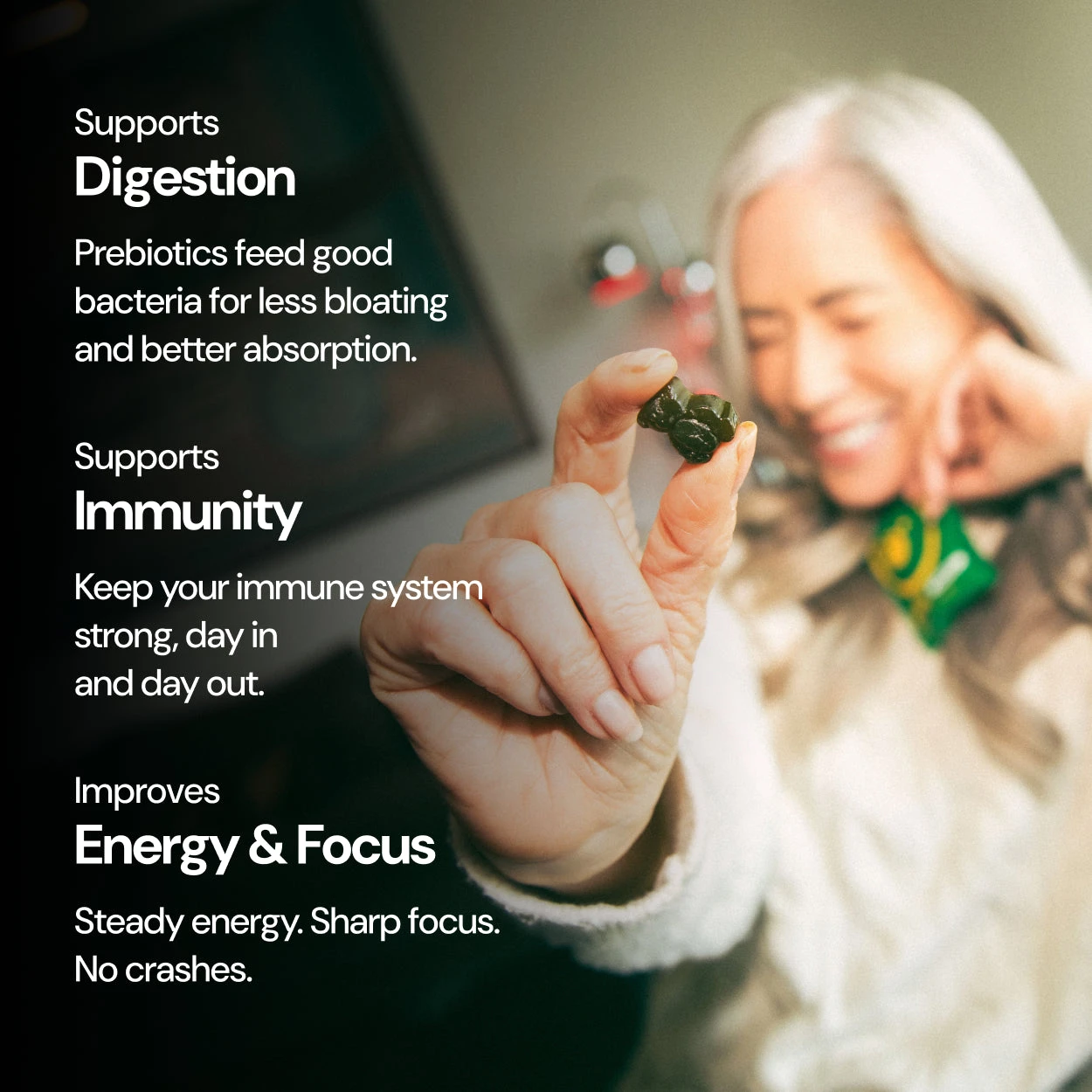 Grüns benefits graphic with a smiling woman
