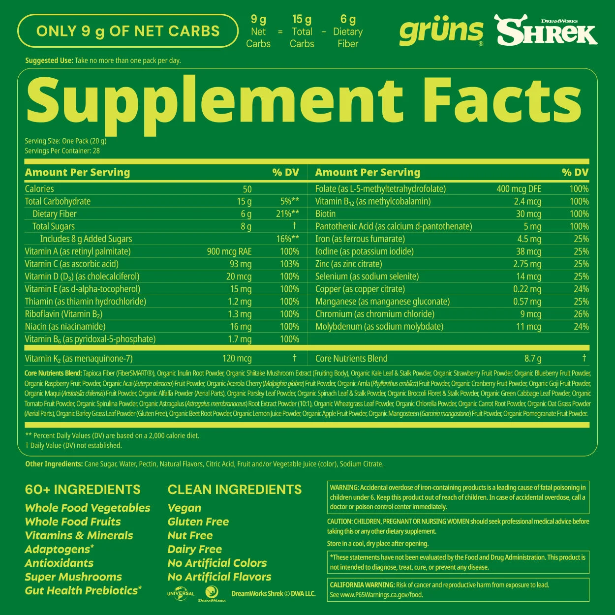 Supplement Facts panel for the Shrek Berry Far Far Away pouch