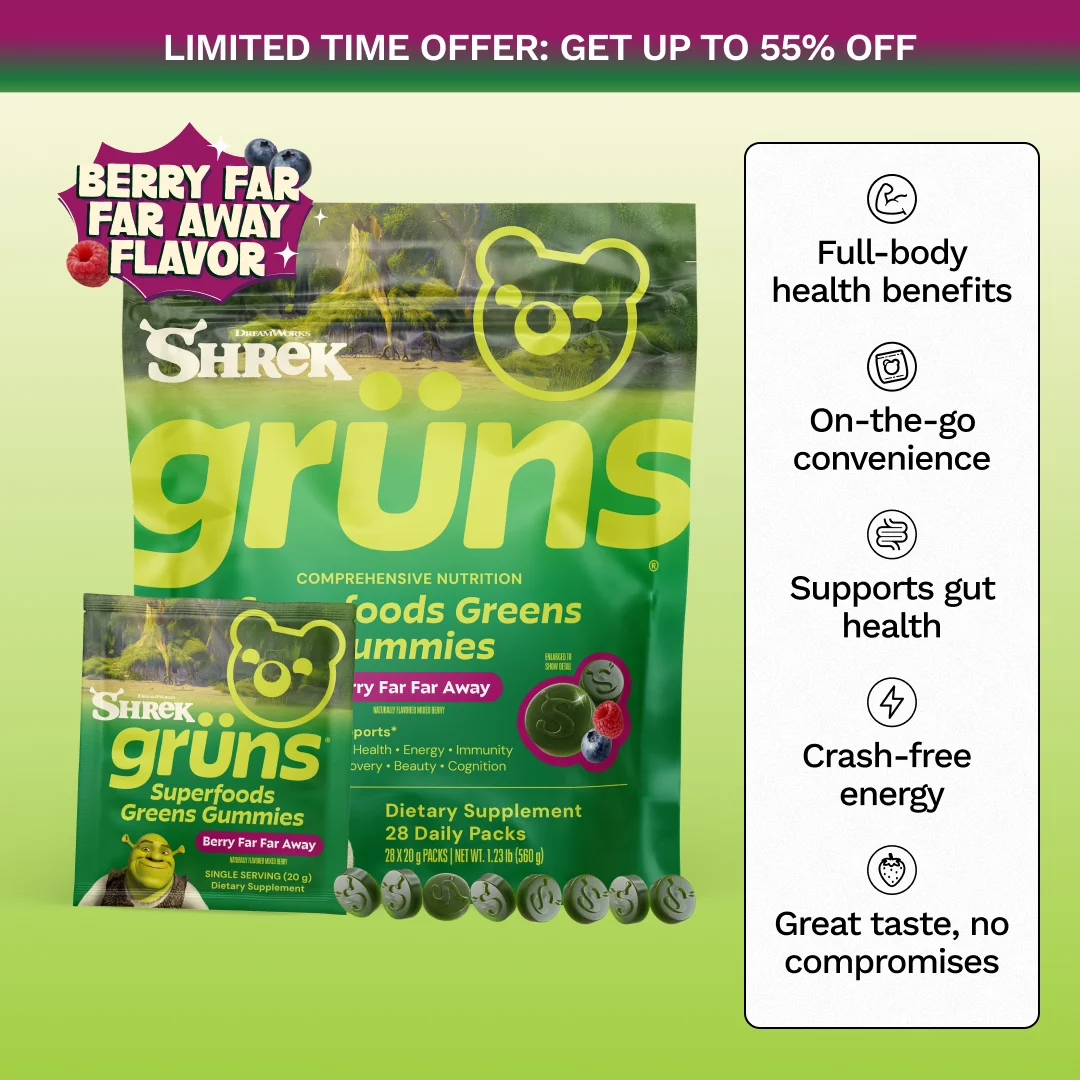 Large and small Shrek Grüns pouches in Berry Far Far Away flavor beside a row of gummies