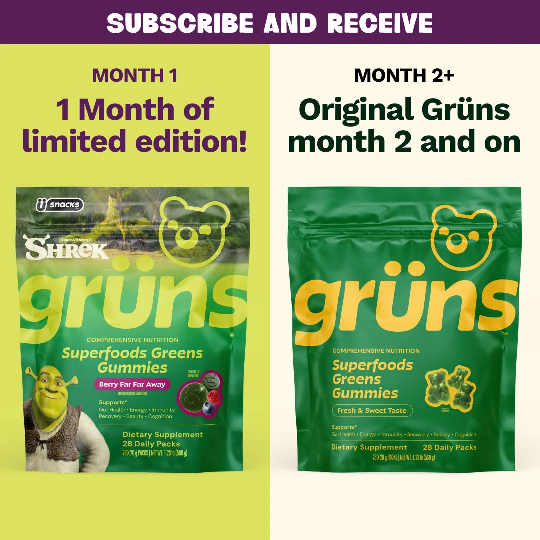 Subscribe and receive graphic: month one with the limited edition Shrek pouch, month two and on with the Original pouch